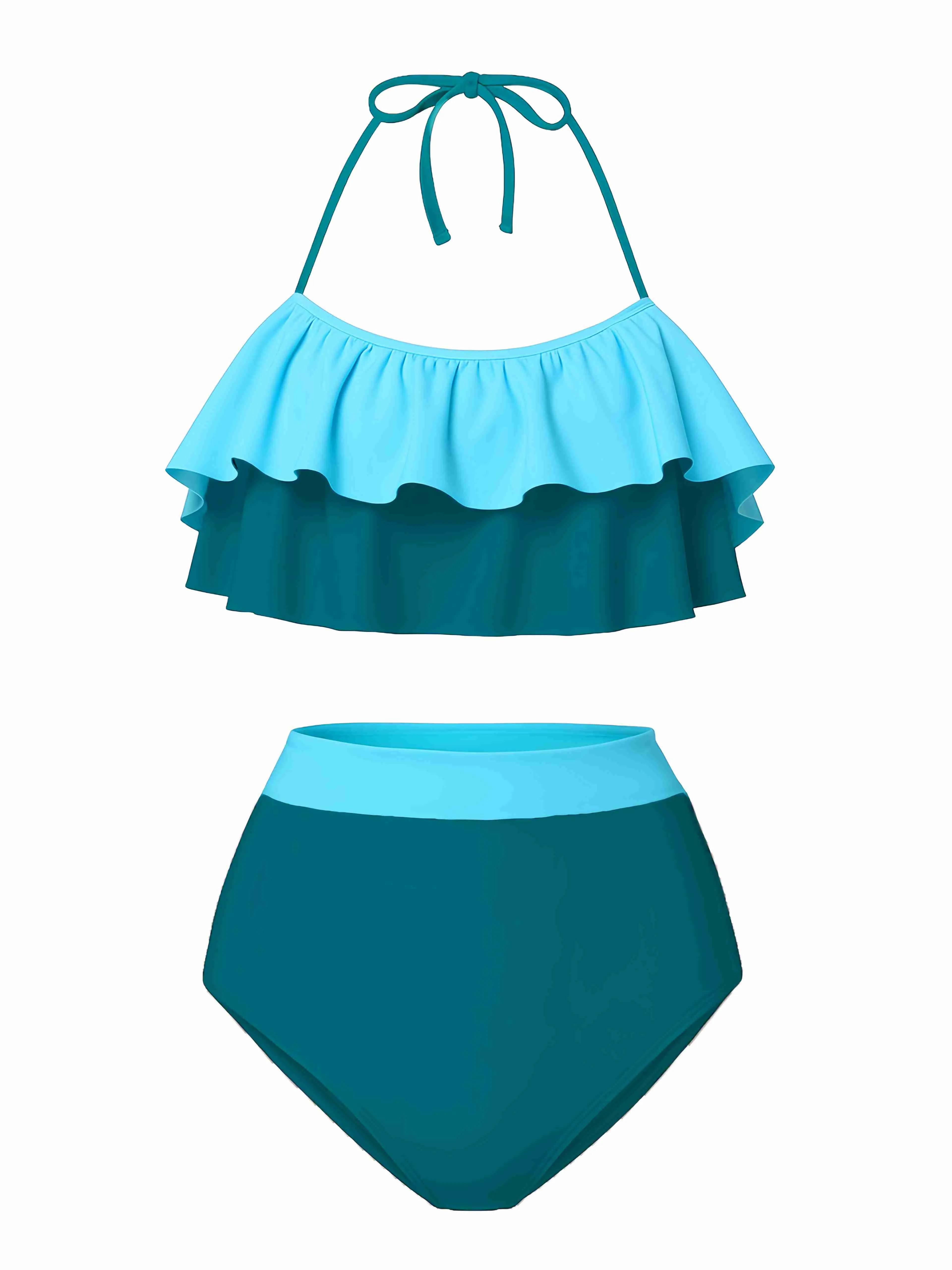 1940s High-Waist Colorblock Ruffled Halter Swimsuit sold by Retro Stage