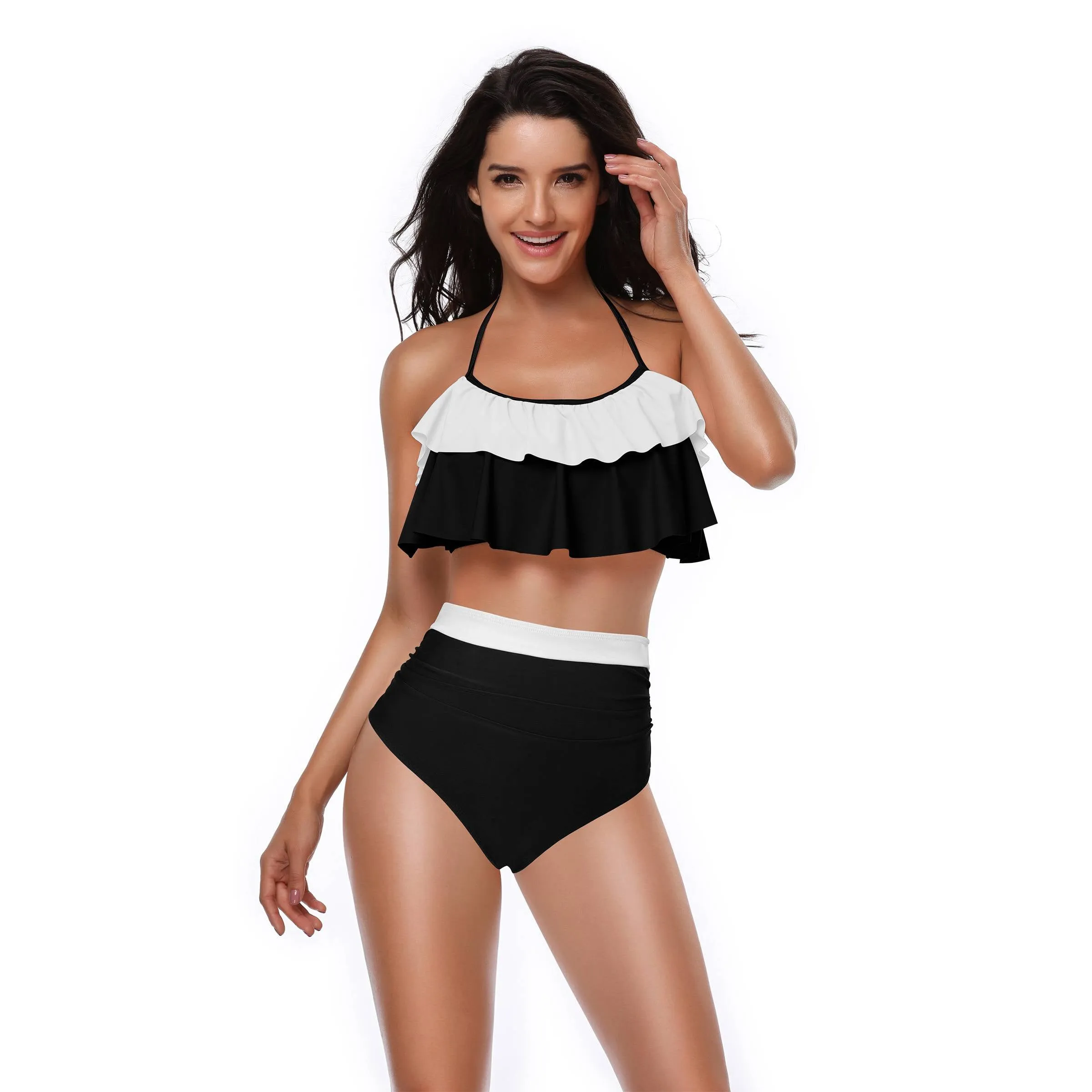 1940s High-Waist Colorblock Ruffled Halter Swimsuit sold by Retro Stage product image thumbnail 4