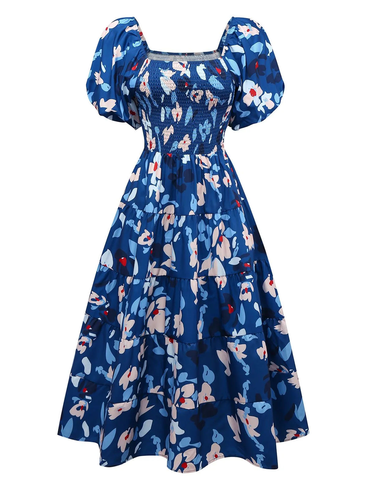 Blue 1940s Floral Puff Sleeves Off-Shoulder Dress sold by Retro Stage