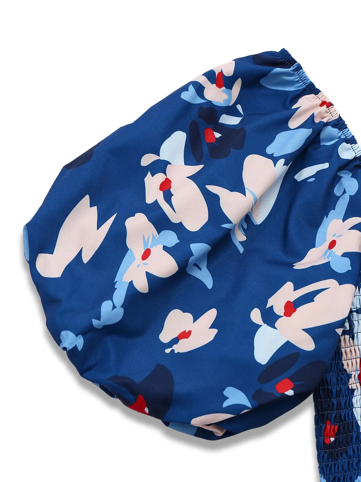 Blue 1940s Floral Puff Sleeves Off-Shoulder Dress sold by Retro Stage product image thumbnail 4