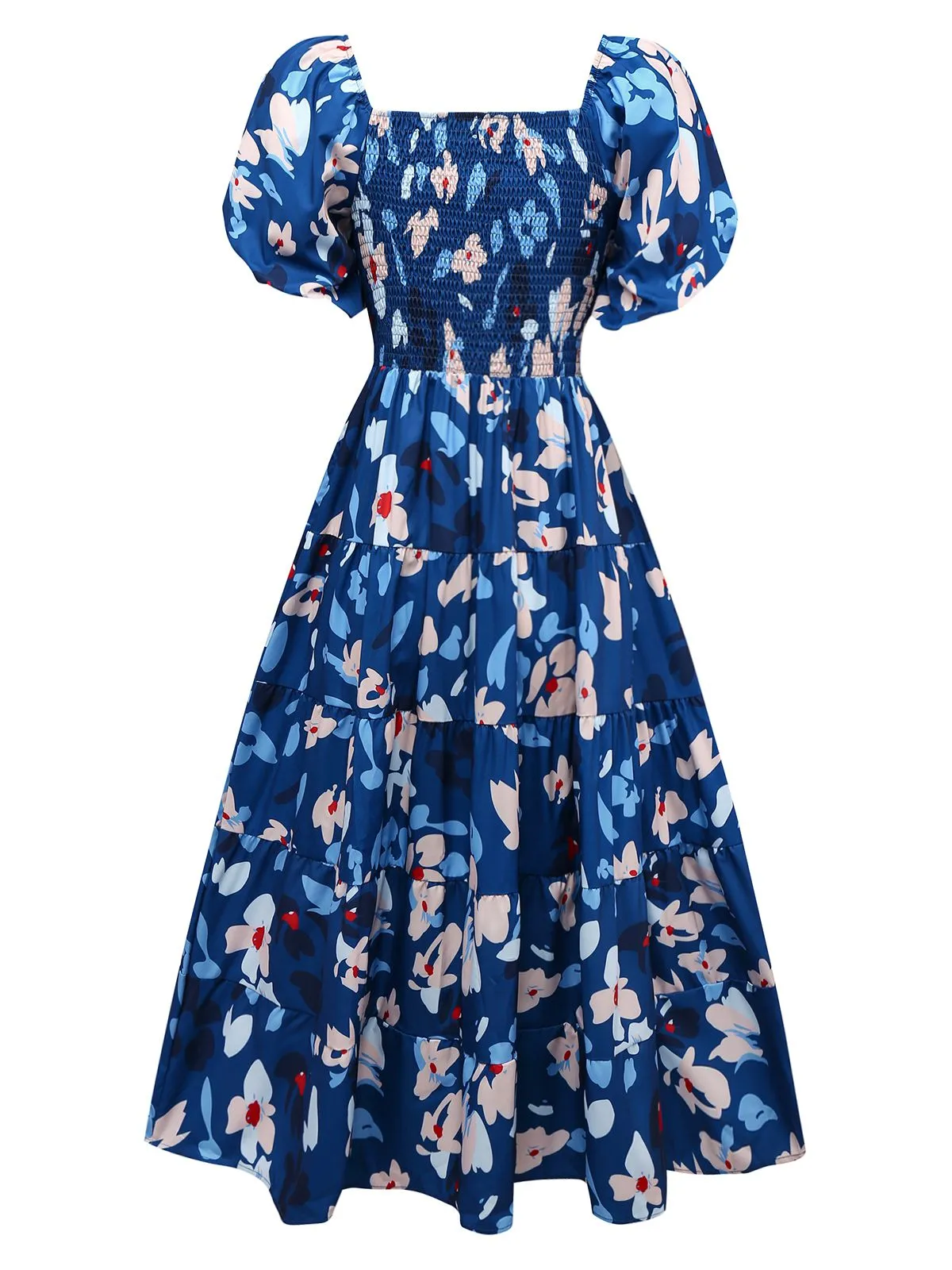 Blue 1940s Floral Puff Sleeves Off-Shoulder Dress sold by Retro Stage product image thumbnail 2