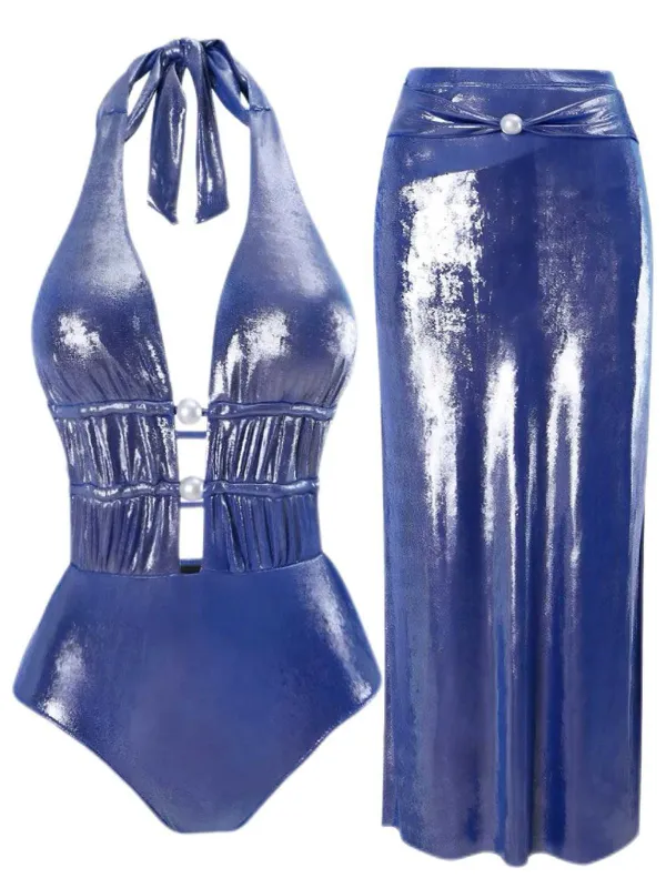 Blue 1970s Pearl Shimmery Halter Swimsuit & Cover-Up sold by Retro Stage