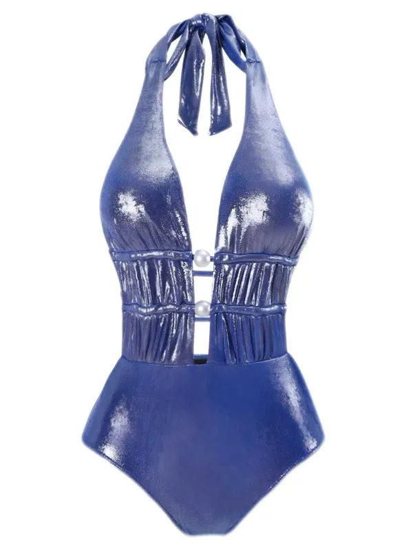 Blue 1970s Shimmery Halter Pearl One-Piece Swimsuit sold by Retro Stage