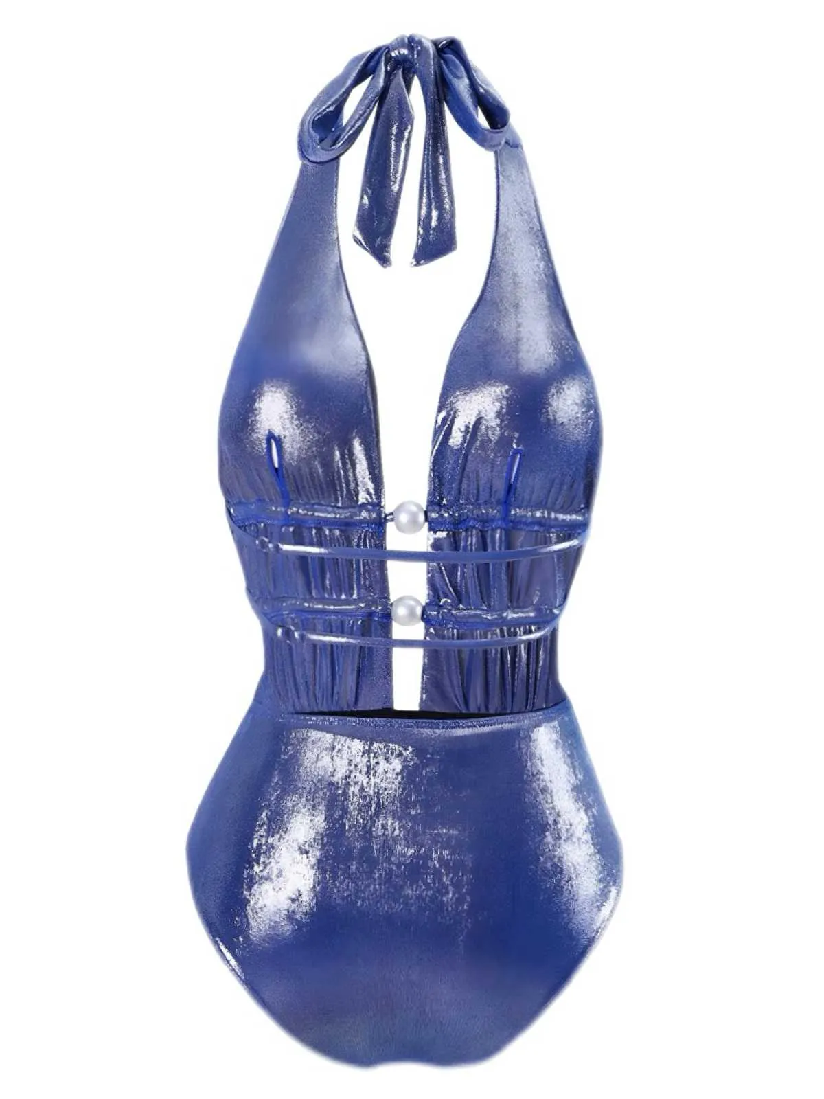 Blue 1970s Shimmery Halter Pearl One-Piece Swimsuit sold by Retro Stage product image thumbnail 2