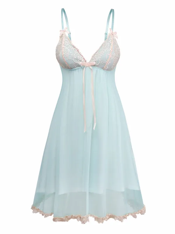 Green 1960s Mesh Lace Patchwork Bow Straps Nightdress sold by Retro Stage