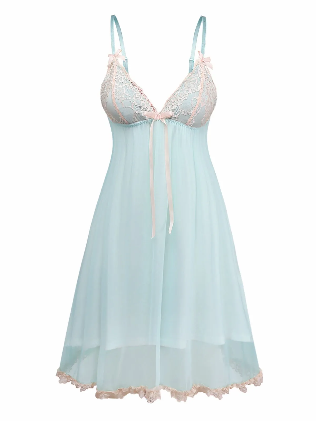 Green 1960s Mesh Lace Patchwork Bow Straps Nightdress sold by Retro Stage