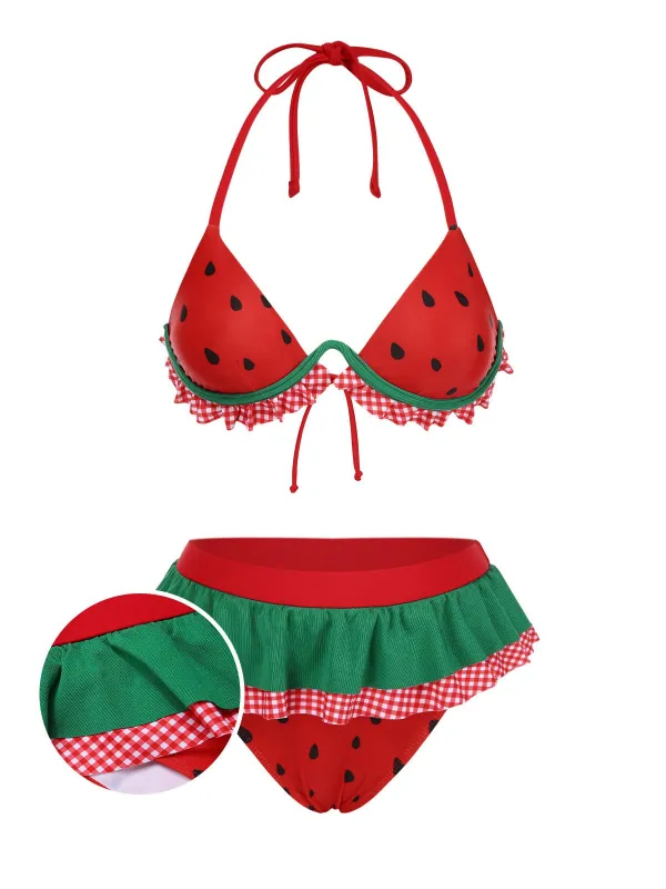 Red 1950s Watermelon Ruffled Bikini Set sold by Retro Stage