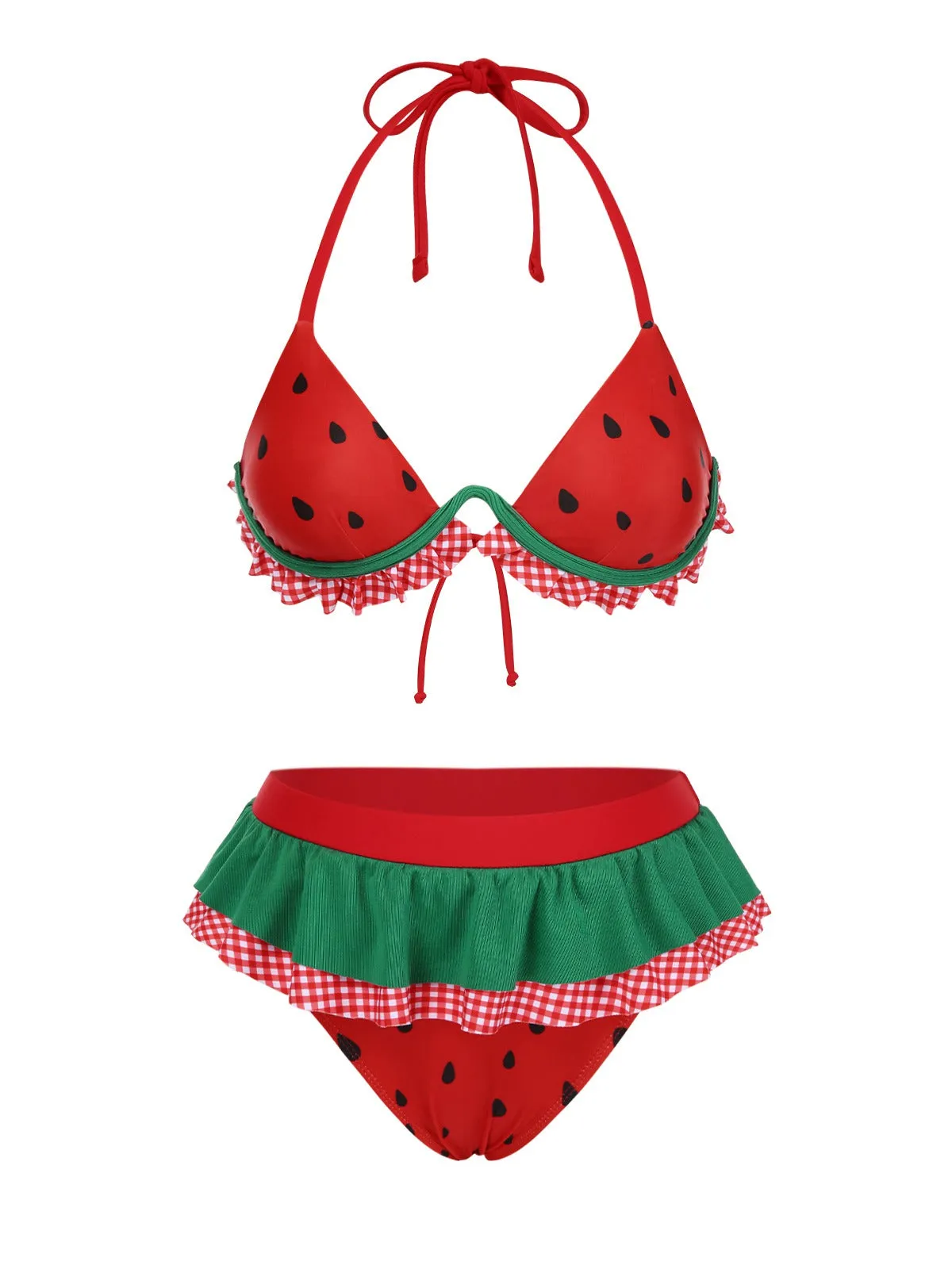 Red 1950s Watermelon Ruffled Bikini Set sold by Retro Stage product image thumbnail 2