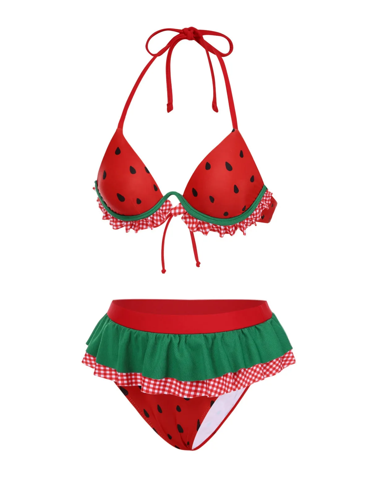 Red 1950s Watermelon Ruffled Bikini Set sold by Retro Stage product image thumbnail 3
