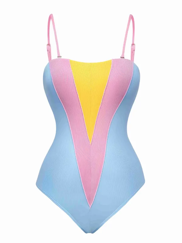 Blue 1930s Contrast Spaghetti Straps One-Piece Swimsuit sold by Retro Stage