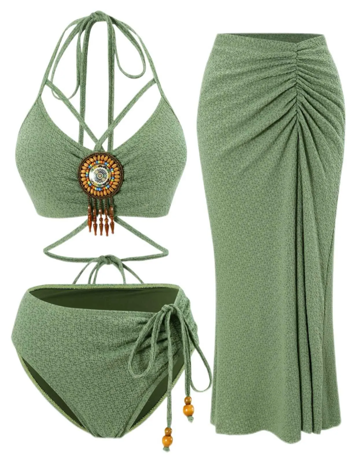 Green 1970s Boho Beaded Bikini Set & Ruched Cover-Up sold by Retro Stage