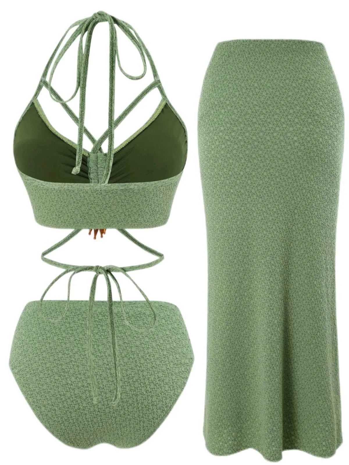 Green 1970s Boho Beaded Bikini Set & Ruched Cover-Up sold by Retro Stage product image thumbnail 2