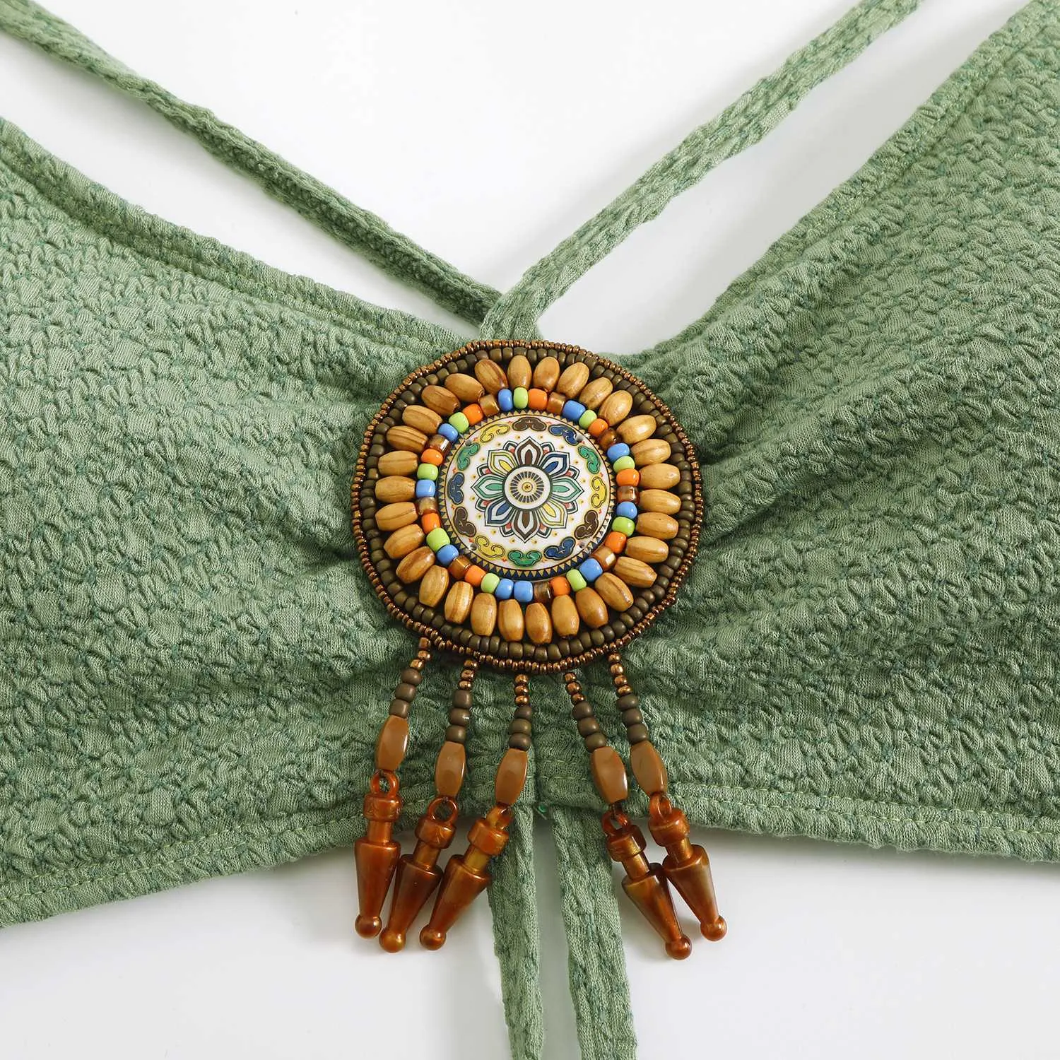 Green 1970s Boho Beaded Bikini Set & Ruched Cover-Up sold by Retro Stage product image thumbnail 5