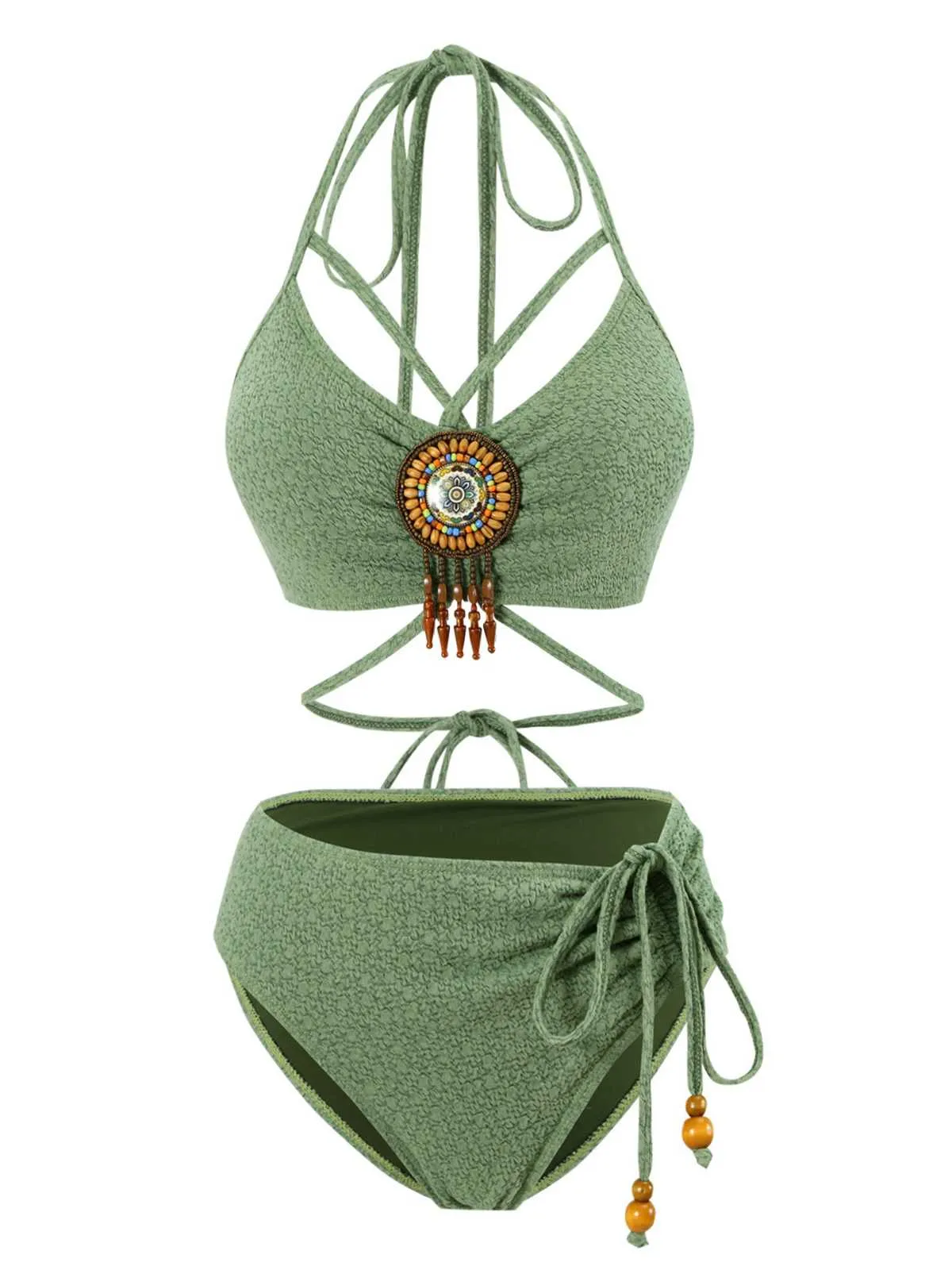Green 1970s Halter Boho Beaded Bikini Set sold by Retro Stage
