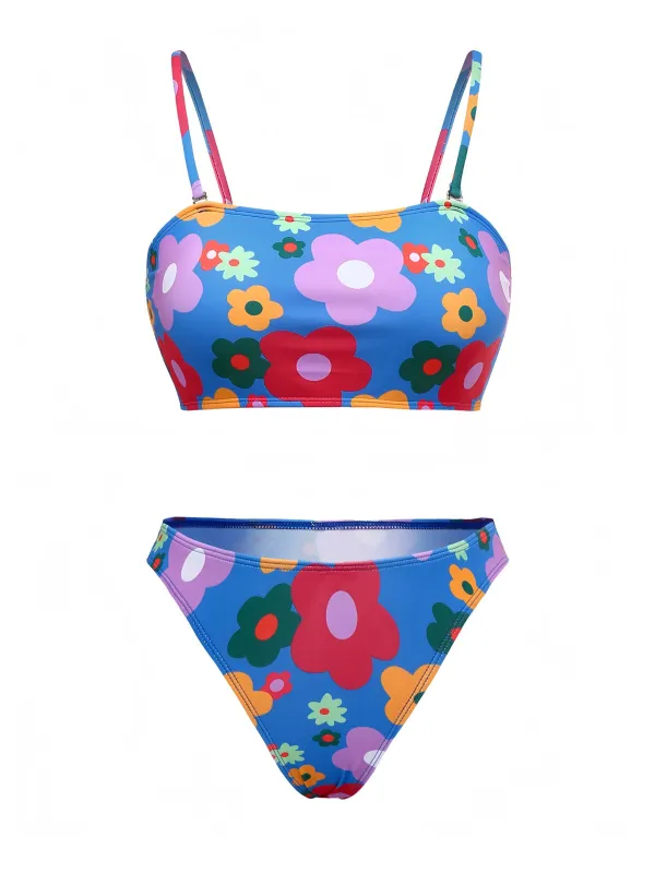 Blue 1960s Cartoon Floral Spaghetti Straps Swimsuit sold by Retro Stage