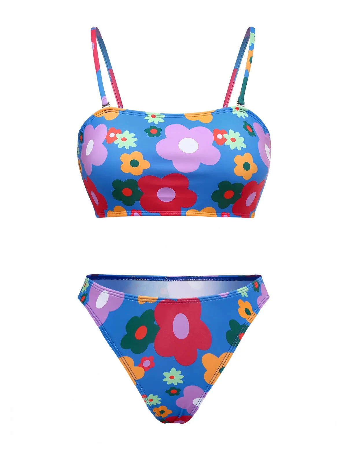 Blue 1960s Cartoon Floral Spaghetti Straps Swimsuit sold by Retro Stage