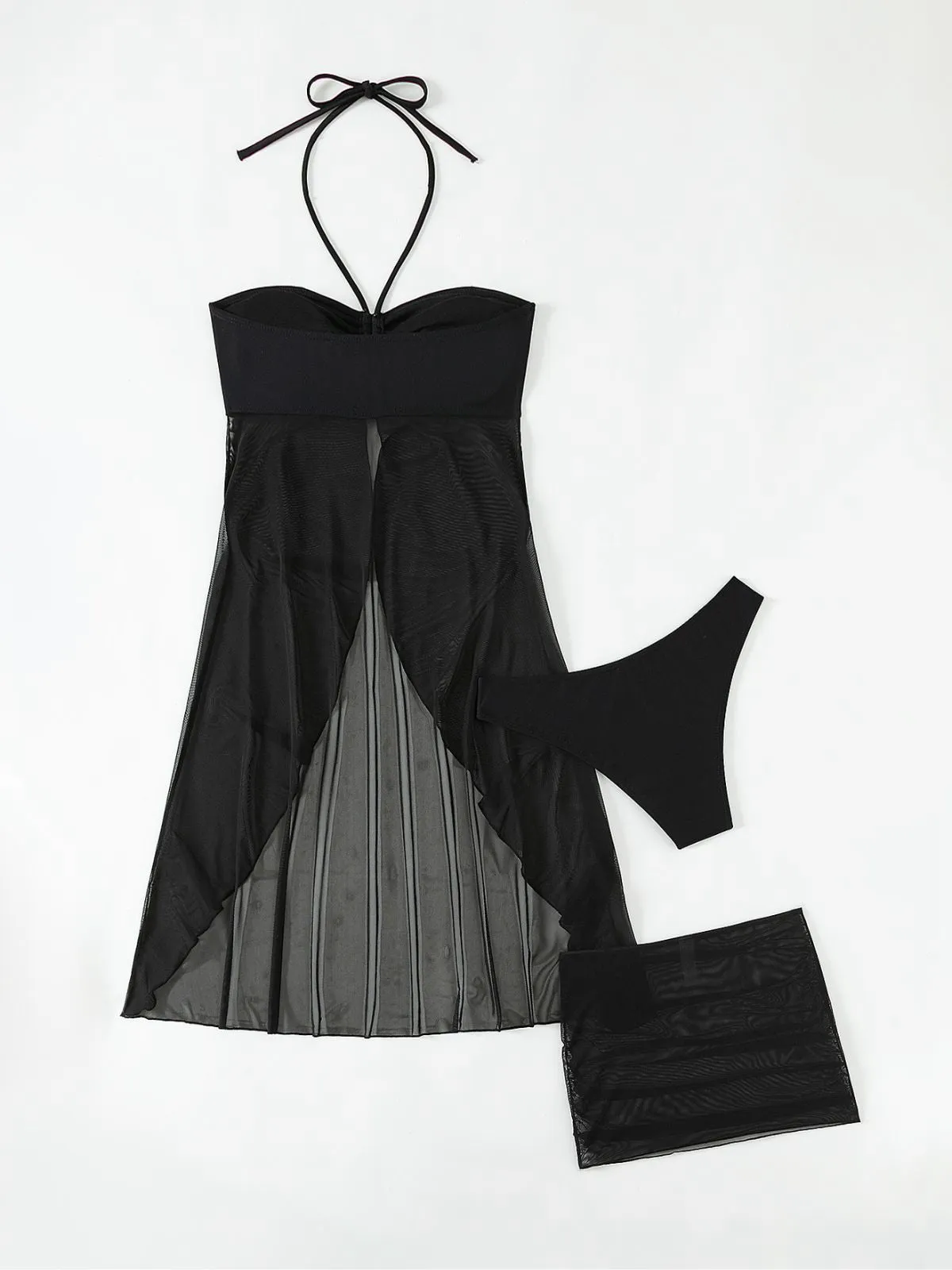 3PCS Black 1950s Solid Halter Bikini Set & Cover-Up sold by Retro Stage