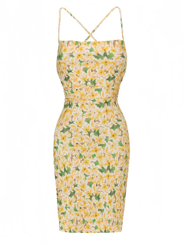 Yellow 1960s Back Lace-Up Ruched Floral Dress sold by Retro Stage