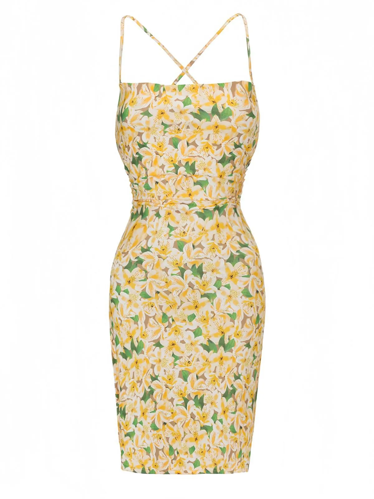 Yellow 1960s Back Lace-Up Ruched Floral Dress sold by Retro Stage