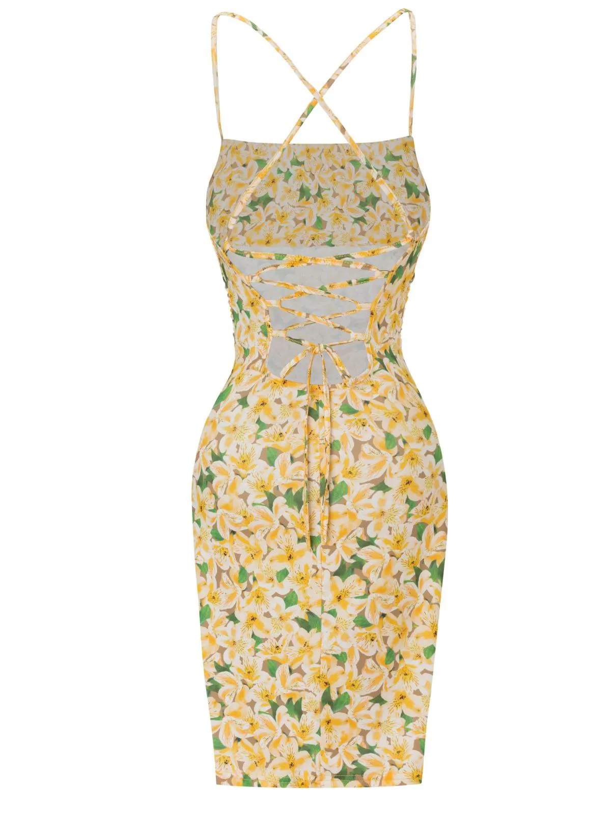Yellow 1960s Back Lace-Up Ruched Floral Dress sold by Retro Stage product image thumbnail 2