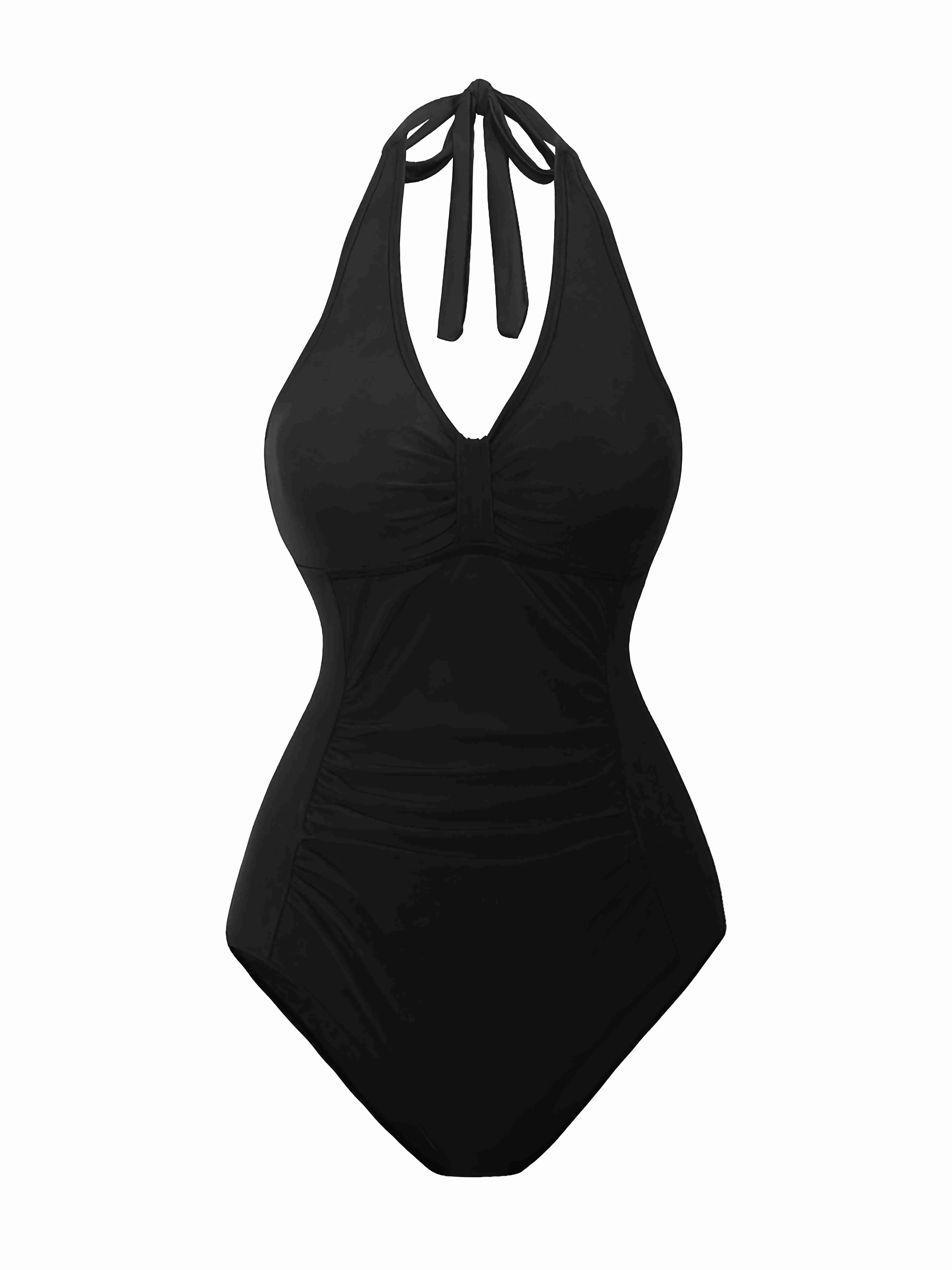 1950s Solid V-Neck Ruched Halter One-Piece Swimsuit sold by Retro Stage product image thumbnail 5