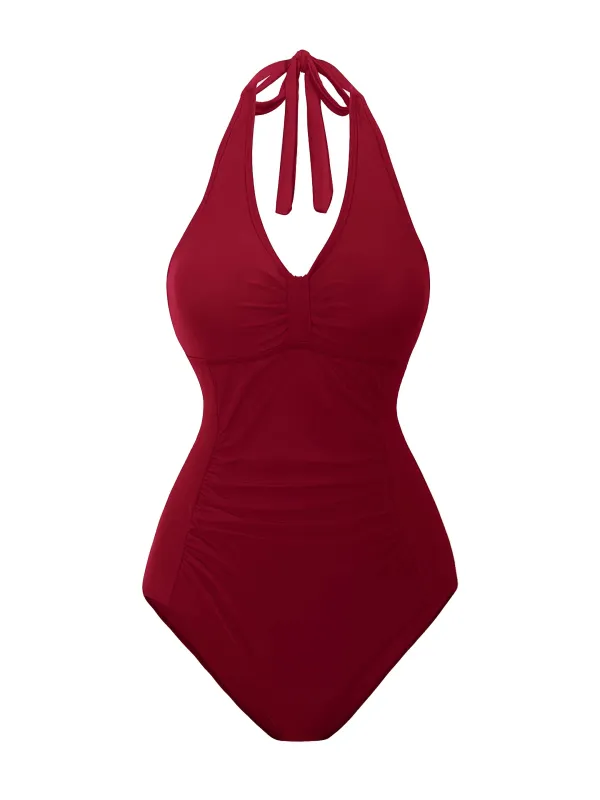 1950s Solid V-Neck Ruched Halter One-Piece Swimsuit sold by Retro Stage