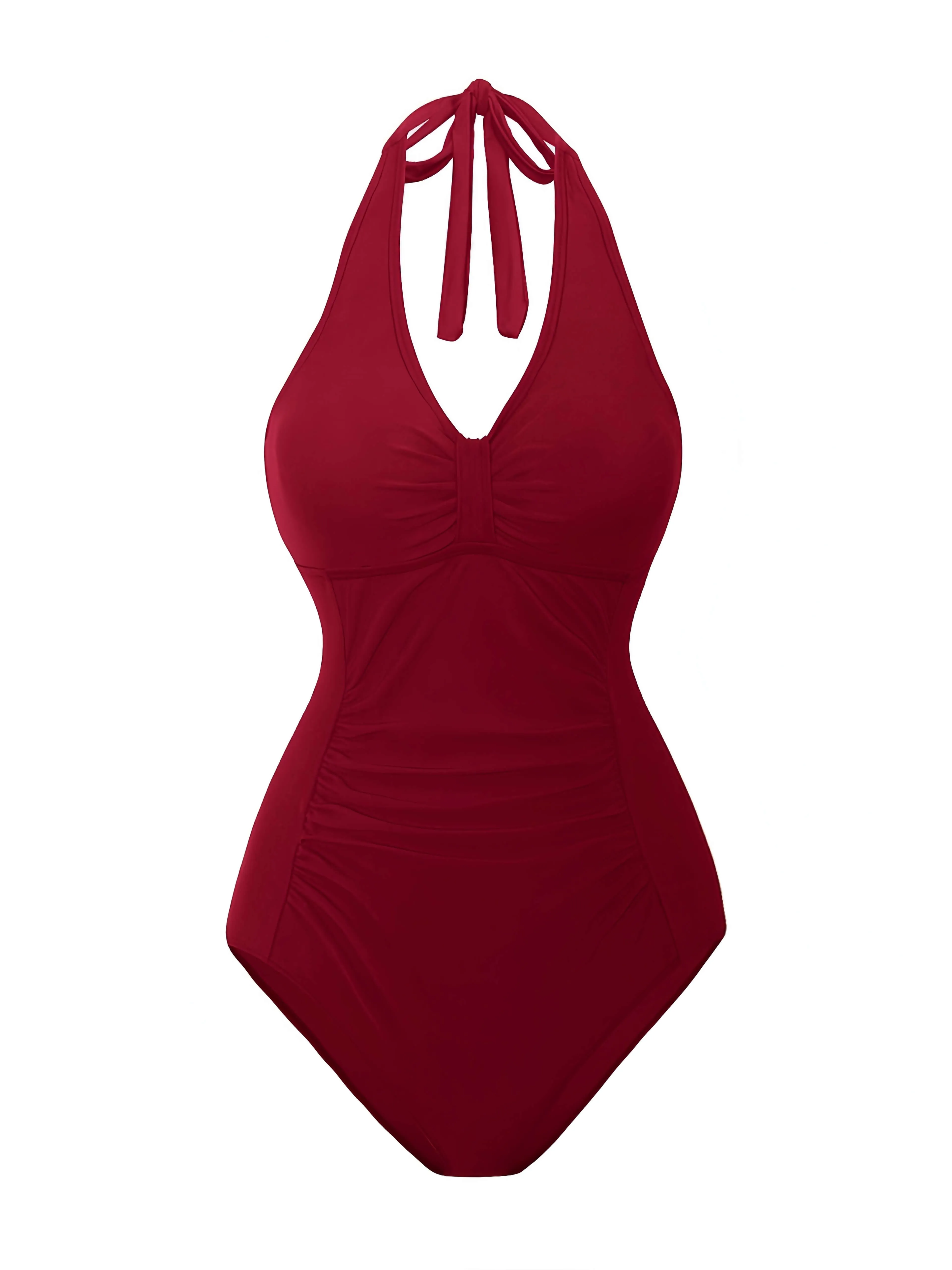 1950s Solid V-Neck Ruched Halter One-Piece Swimsuit sold by Retro Stage