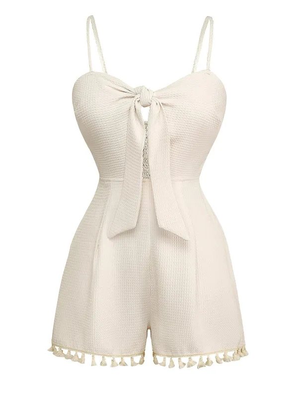Beige 1950s Solid Spaghetti Straps Smocked Romper sold by Retro Stage