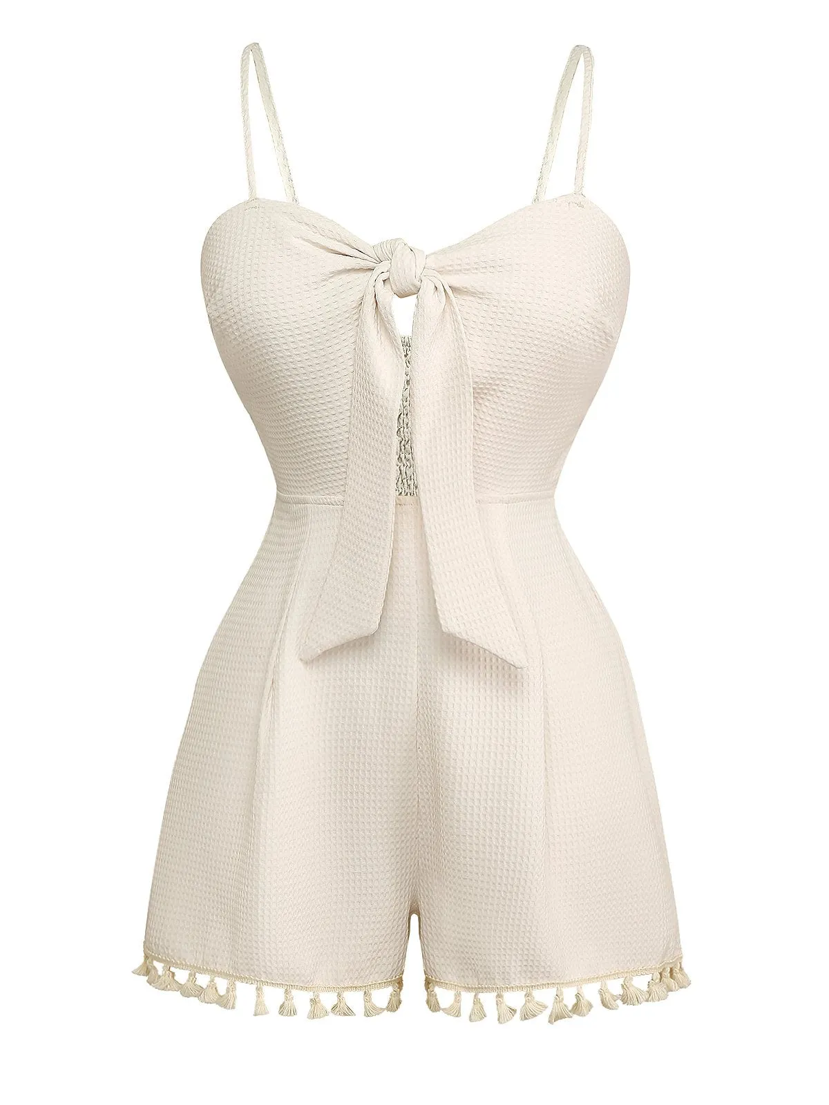 Beige 1950s Solid Spaghetti Straps Smocked Romper sold by Retro Stage