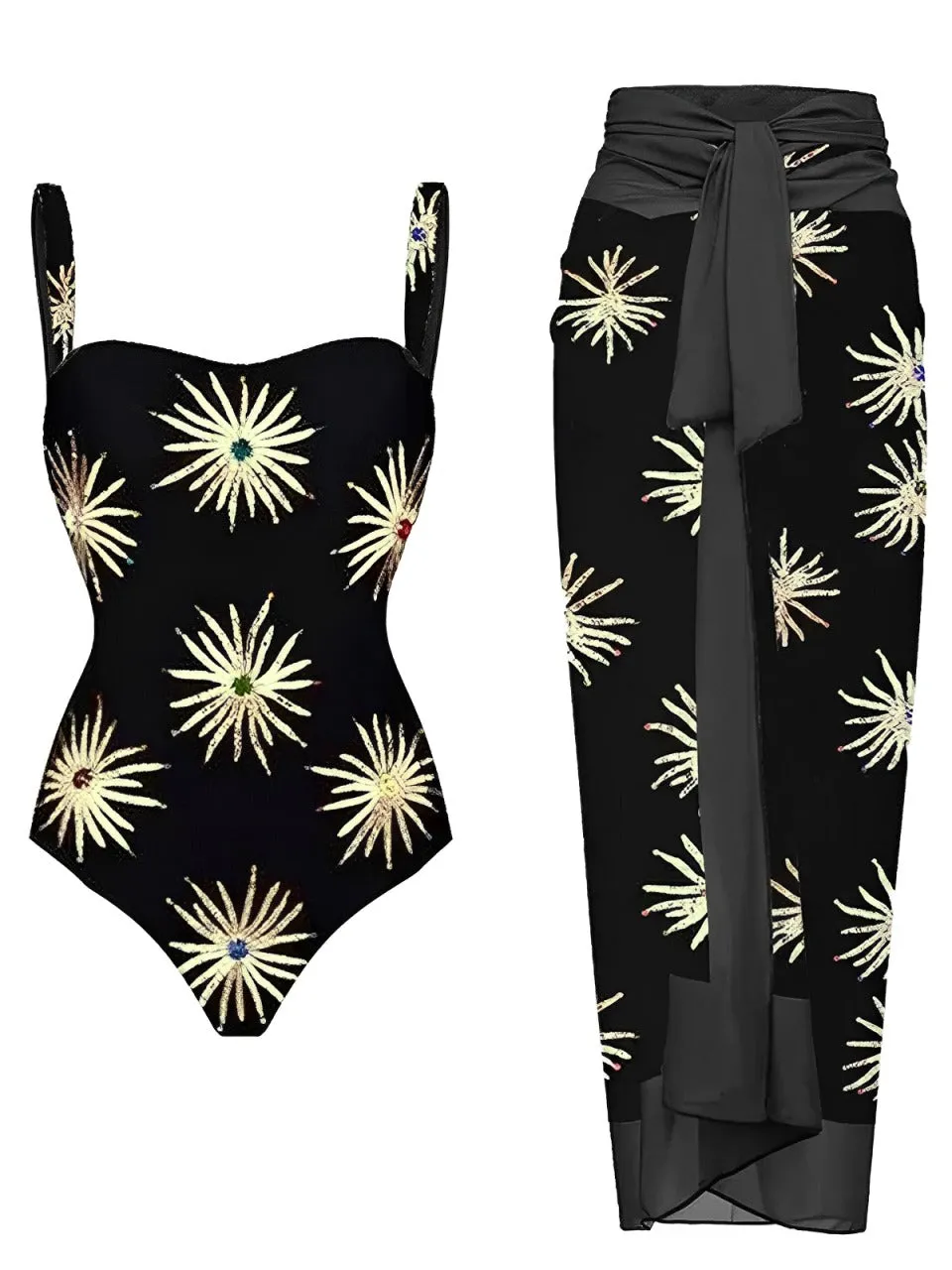 Black 1960s Firework Gilded One-Piece Swimsuit & Cover-Up sold by Retro Stage