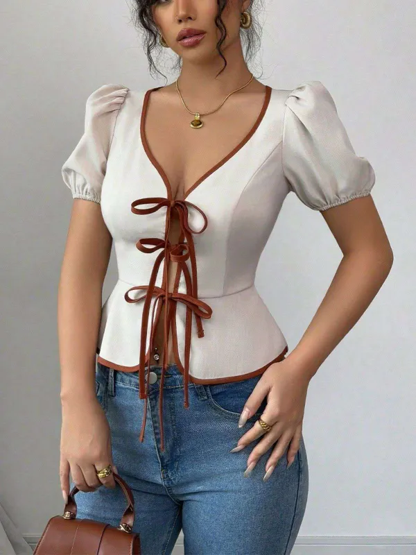 White 1950s Puff Sleeves Waist Top sold by Retro Stage