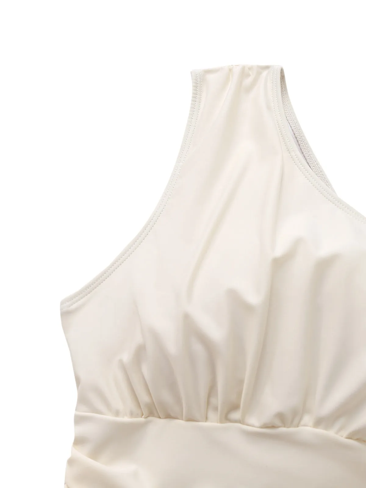 Beige 1940s Solid One-Shoulder Ruched Swim Dress sold by Retro Stage product image thumbnail 3