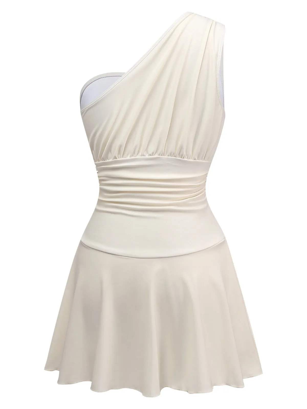 Beige 1940s Solid One-Shoulder Ruched Swim Dress sold by Retro Stage product image thumbnail 2