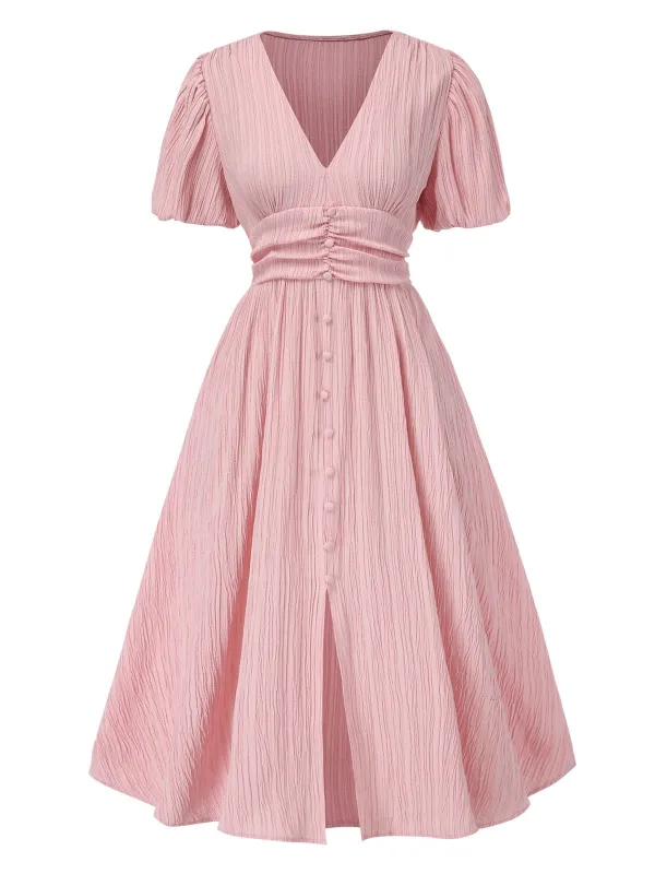 Pink 1950s Pinstripe V-Neck Puff Sleeves Ruched Dress sold by Retro Stage
