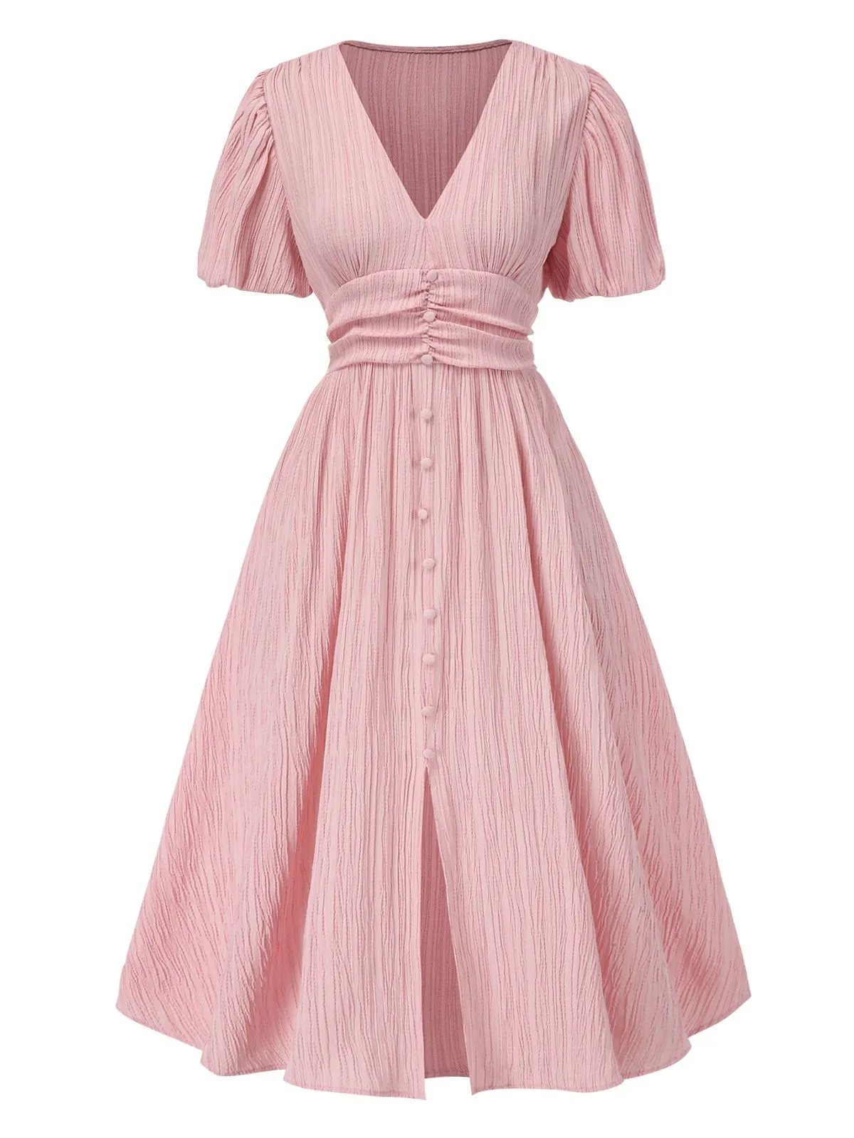 Pink 1950s Pinstripe V-Neck Puff Sleeves Ruched Dress sold by Retro Stage