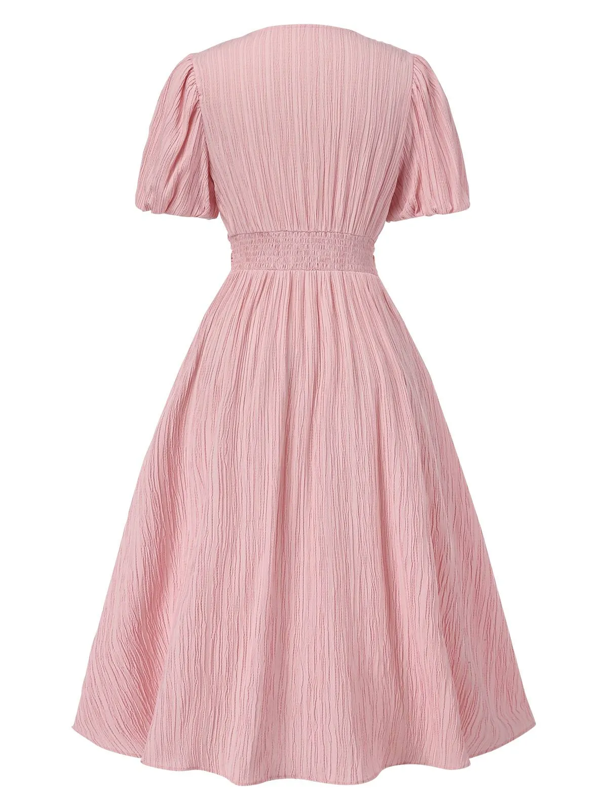 Pink 1950s Pinstripe V-Neck Puff Sleeves Ruched Dress sold by Retro Stage product image thumbnail 2