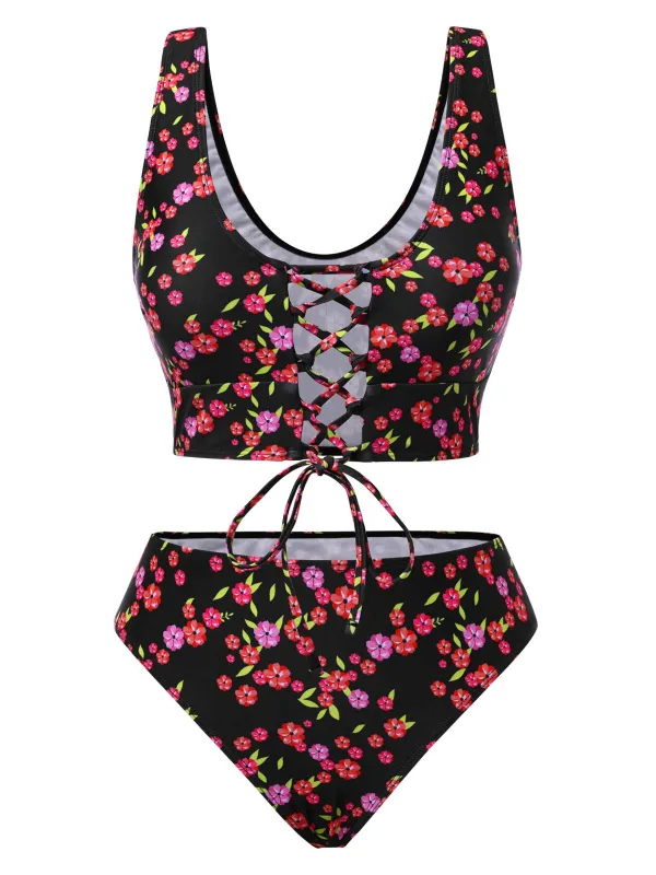 Black 1940s Ditsy Floral Lace-Up Tankini Set sold by Retro Stage