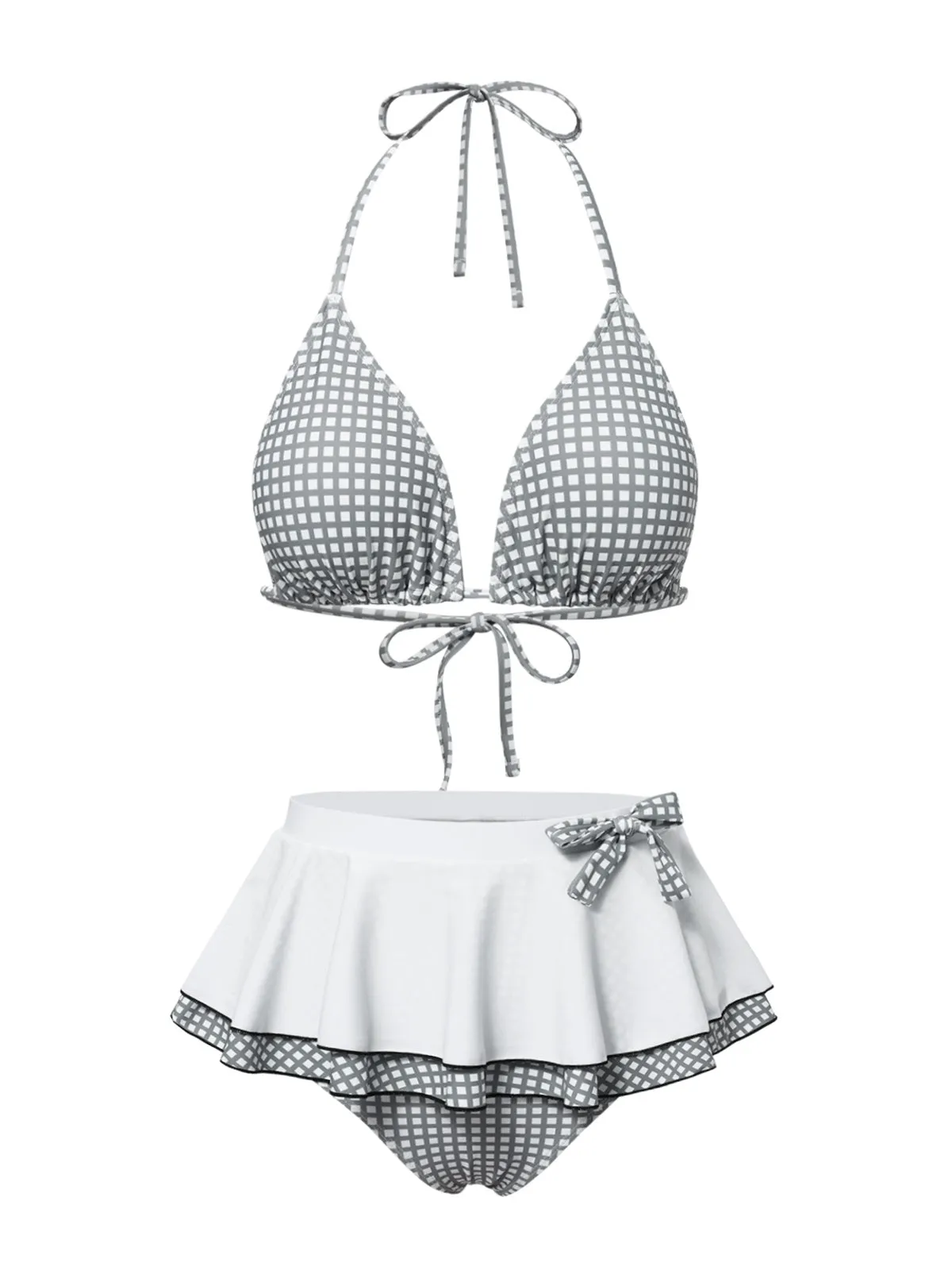 Gray & White 1940s Gingham Plaid Bow Halter Swimsuit sold by Retro Stage product image thumbnail 2
