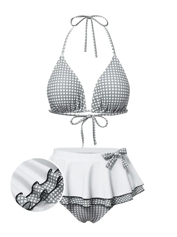 Gray & White 1940s Gingham Plaid Bow Halter Swimsuit sold by Retro Stage