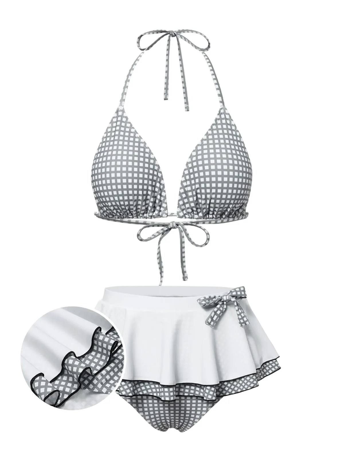 Gray & White 1940s Gingham Plaid Bow Halter Swimsuit sold by Retro Stage