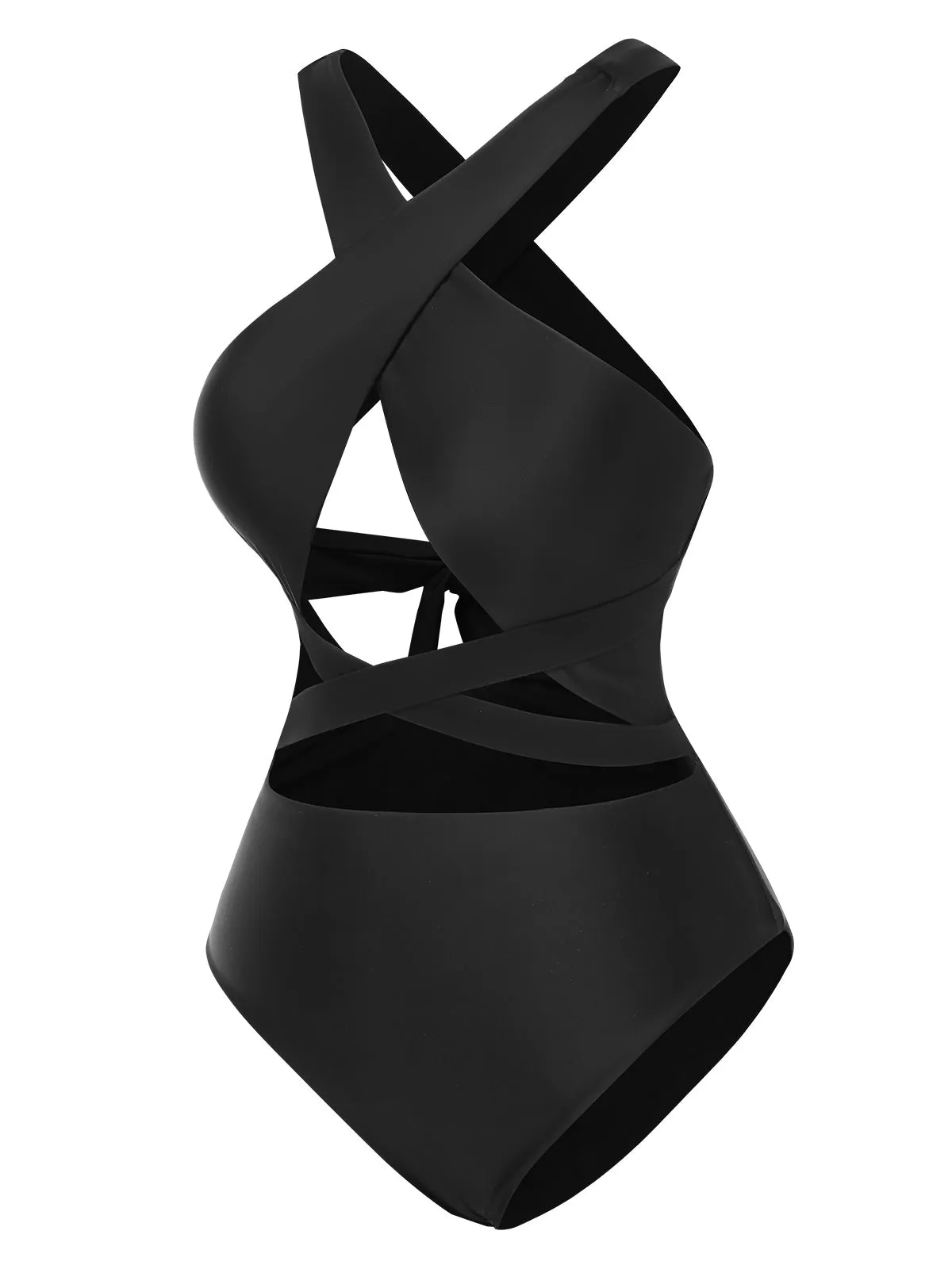 Black 1960s Solid Cross Halter Hollow Tie Back Swimsuit sold by Retro Stage product image thumbnail 2