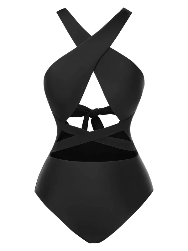 Black 1960s Solid Cross Halter Hollow Tie Back Swimsuit sold by Retro Stage