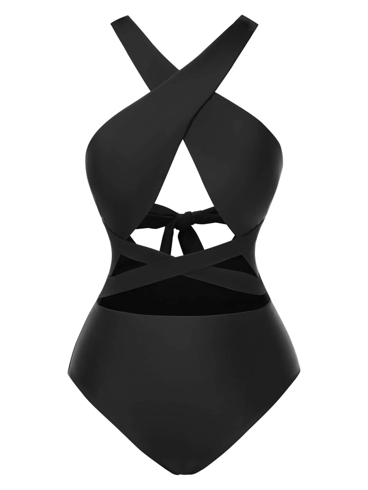 Black 1960s Solid Cross Halter Hollow Tie Back Swimsuit sold by Retro Stage