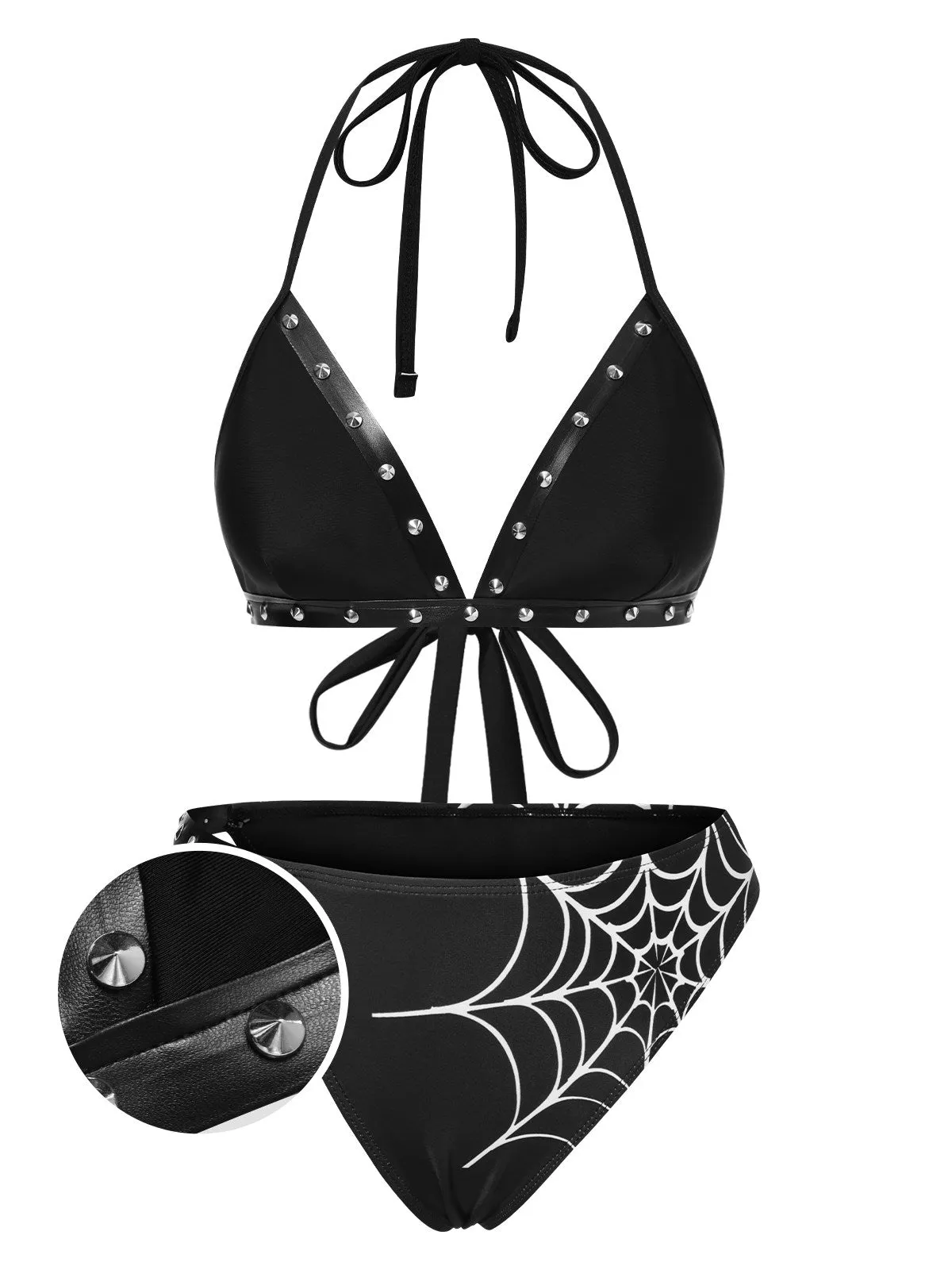 Black 1980s Gothic Spider Web Rivets Bikini Set sold by Retro Stage