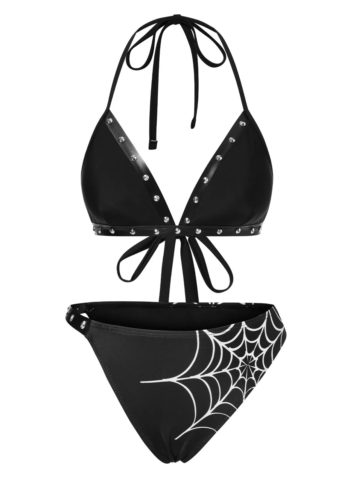 Black 1980s Gothic Spider Web Rivets Bikini Set sold by Retro Stage product image thumbnail 2