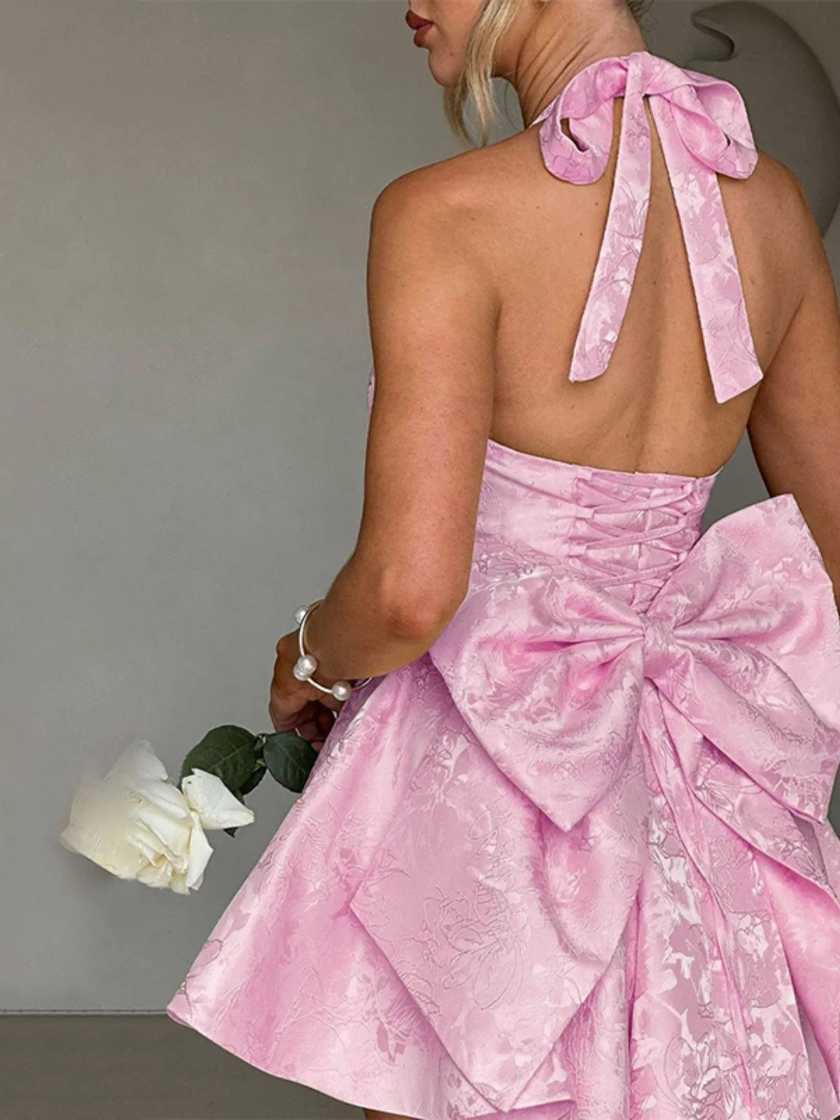 Pink 1960s Back Bow Jacquard Floral Dress sold by Retro Stage product image thumbnail 4