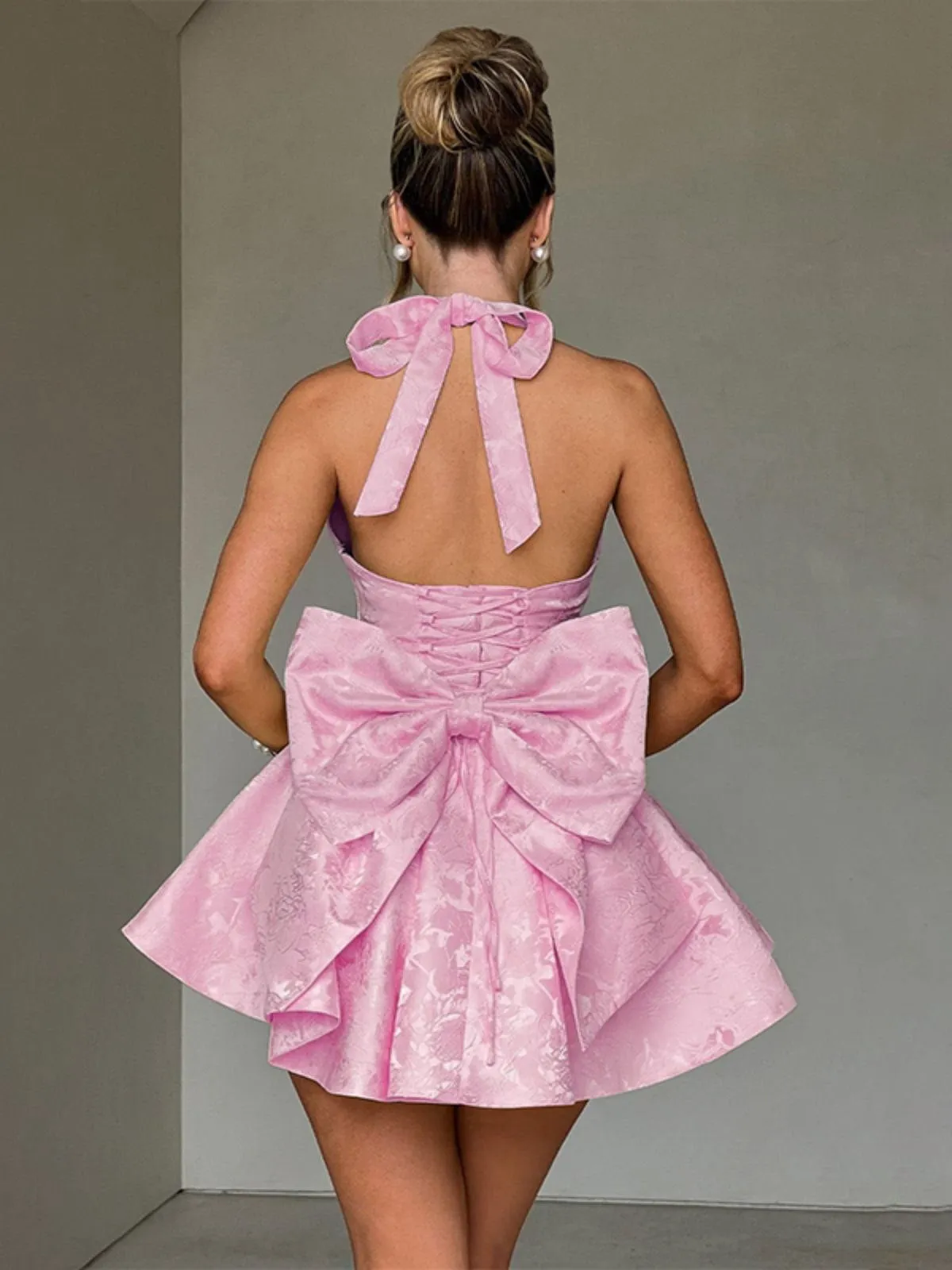 Pink 1960s Back Bow Jacquard Floral Dress sold by Retro Stage product image thumbnail 3