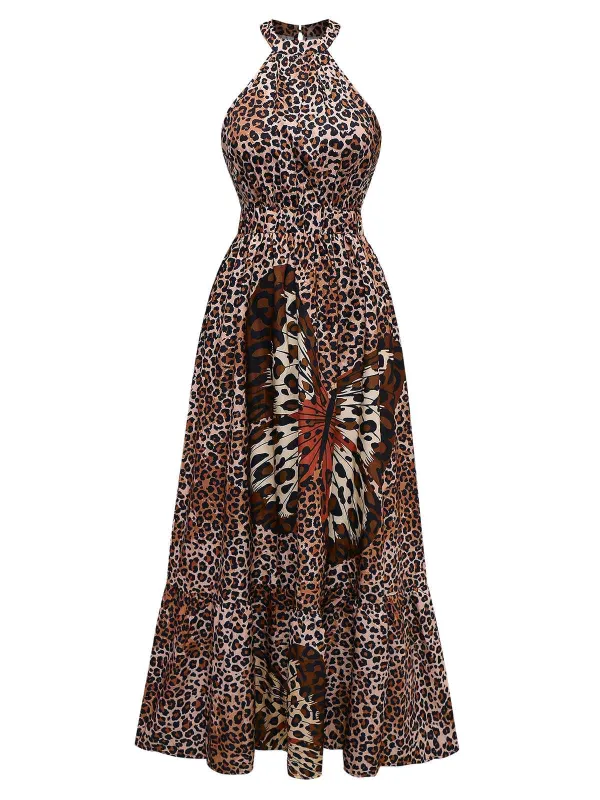 Brown 1930s Leopard Butterfly Round Halter Dress sold by Retro Stage