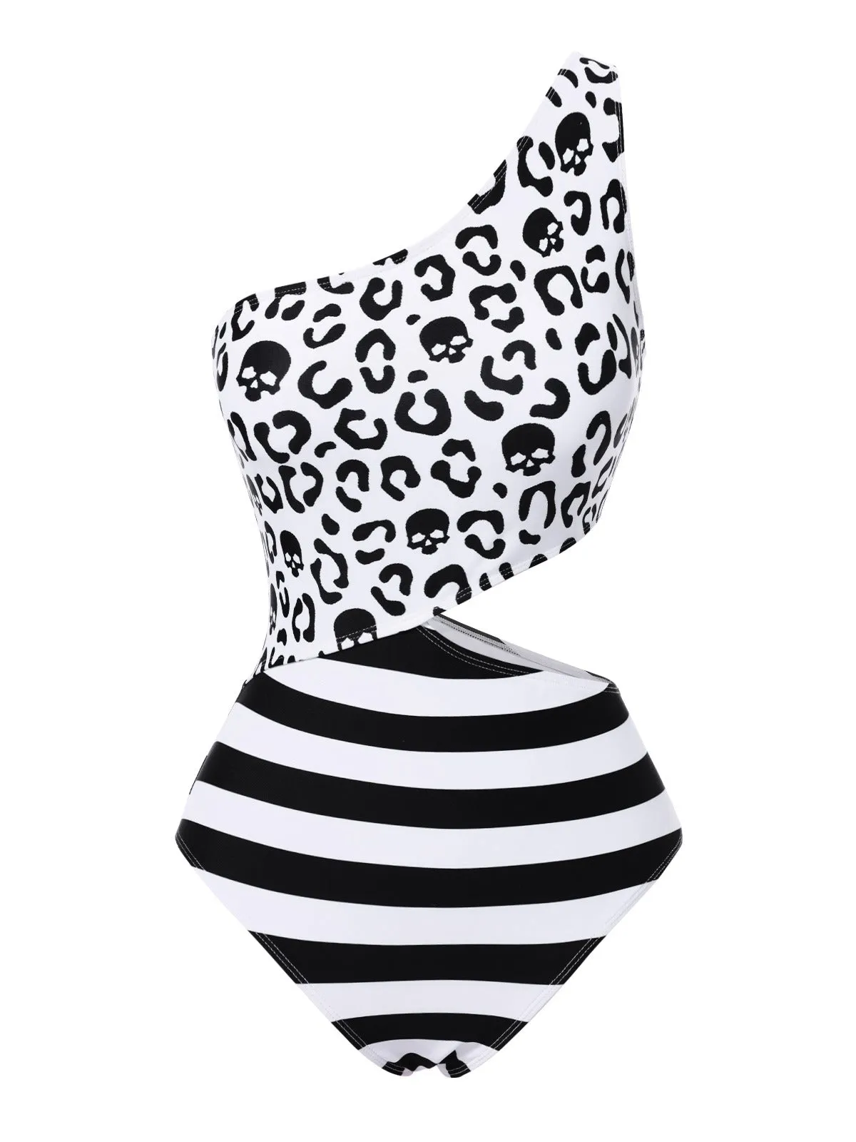 Black 1980s One-Shoulder Hollow Skull Stripe Swimsuit sold by Retro Stage product image thumbnail 2