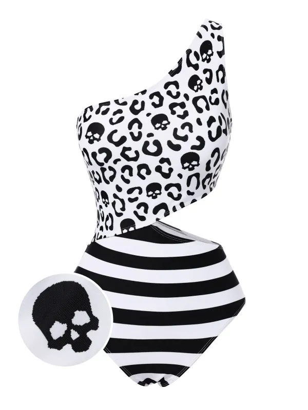 Black 1980s One-Shoulder Hollow Skull Stripe Swimsuit sold by Retro Stage